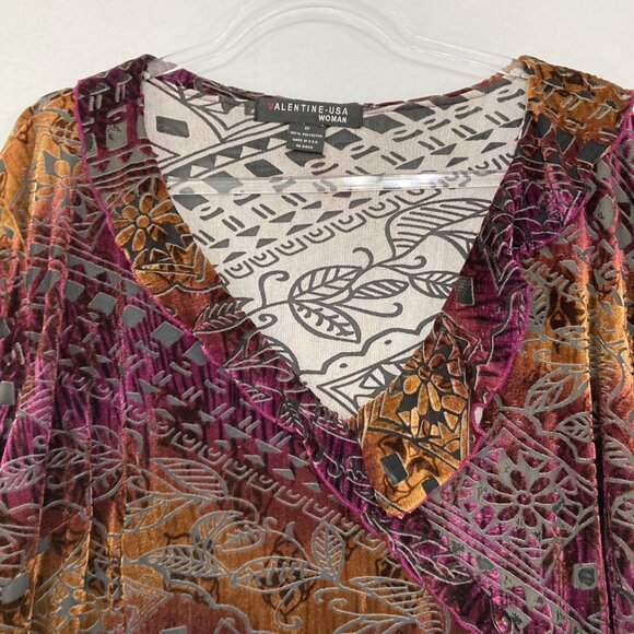 Valentine -USA 2X Multi Color Velvet Ruffle Boho Romantic Asymmetric Stretch Top - Picture 3 of 12